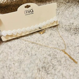 Mia Collection White Lace Choker with Gold Chain & Pendant SET Brand New