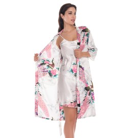 Women's Satin Nightgown with Robes Set 2 Piece Floral Sleepwear Sexy Slip Gown Pajamas Set Silky Nightwear, White Medium