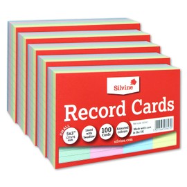 Silvine Record Card Bulk Pack of 500 | 5 x 100 5x3” Coloured Lined with Headline Record Cards – Size Small 127 x 76mm