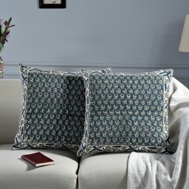 Ridhi Modern Farmhouse Pillow Covers Decorative Cotton Throw Pillow Covers Set of 2 Peacock Blue Cushion Covers with Border for Couch Sofa Bed Living Room Spring Home Decor 24x24