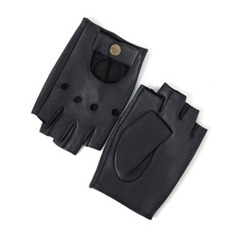 YISEVEN Men's Motorcycle Driving Fingerless Leather Gloves Unlined Classic Soft Sheepskin 1/2 Half Finger Button Punk Cycling Fitness Touchscreen Texting Warm Winter Dress, Navy Blue 9.5"/Large