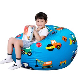 Lukeight Stuffed Animal Storage Bean Bag Chair Cover for Kids, Construction Zipper Beanbag Chair Cover for Organizing Toddler and Kids' Rooms Plush Toys (Construction Velvet, Large)