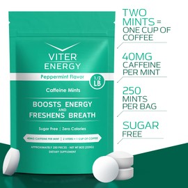 Viter Energy Caffeinated Mints 40mg Caffeine, B Vitamins, Sugar Free. (Peppermint, 8oz, Bulk Bag)