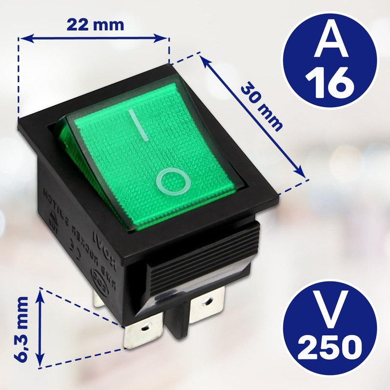 Switch Double Pole Green Luminous 250V 16A 4 Buttons 6.3