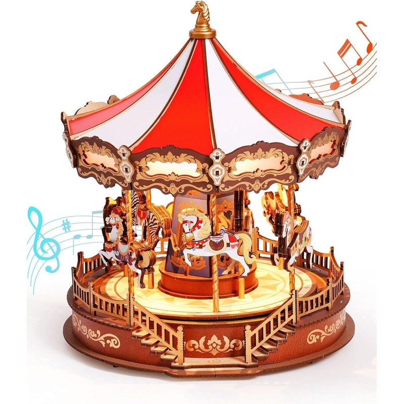 Rolife Wooden 3D Puzzles DIY Carousel Music Box with Lights