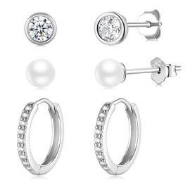 3 pairs S925 Sterling Silver Stud Earrings 14K White Gold Plated Silver Hoops Earrings for Women Silver Stud Earrings Set with Cubic Zirconia Hypoallergenic Small Sleepers Earrings for Men Women