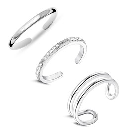 LeCalla 925 Sterling Silver Set of 3Pcs Toe Rings for Women | Open Adjustable Cuff Toe Ring | Minimalistic Summer Beach Bare Foot Jewelry