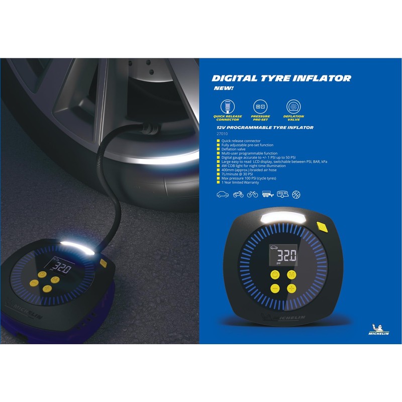 Michelin 12V Digital Micro Programmable Tyre Inflator, Black