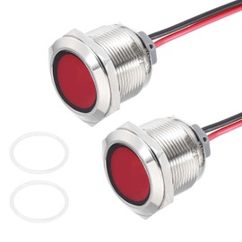PATIKIL 2Pcs 22mm(7/8") Indicator Light,12V-24V AC/DC 20mA LED Metal Signal Lamp Waterproof IP67 Flat Head Signal Lights with 205mm(8") Cable for Boat Car,Red