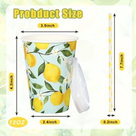 Generic AnyDesign 50 Sets Lemon Paper Cups with Paper Straws Plastic Lids 12OZ Disposable Coffee Tea Cups for Summer Holiday Fruit Party Juice Drink Beverage Bar Supplies