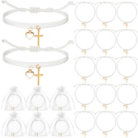 Ferreve 30 Sets Baptism Party Favors Cross Heart Bracelet Bulk with Organza Bag Christian Adjustable Religious Braided Rope for Church Wedding Baby Shower First Communion Sunday School Gifts(Gold)