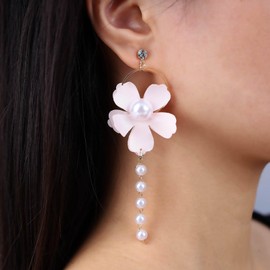 TseenYi Pearl Flower Earrings Long Tassel Pearl Earrings Gold Large Circle Drop Earrings Pink Flower Pearl Dangle Earrings Long Pearl Drop Earrings Jewellery for Women and Girls, Alloy Steel