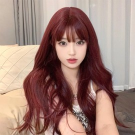 iirukaa Daily Women's Long Hair Curly Bangs Full Wig, Dark Red, Red Wig, Rose Red, Small Face, Natural, Heat Resistant, Wig, High Temperature Yarn, Dedicated Net, Harajuku Style, For Shooting, Event,