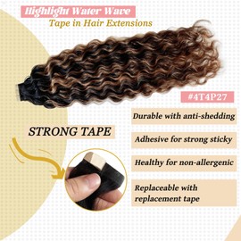 Ombre Auburn Tape in Hair Extensions Human Hair for Black Women, 20pcs 50g 18inch Nature Black to Medium Auburn Remy Hair Extensions Full Head Water Wave Human Hair Tape ins Extension Skin Weft