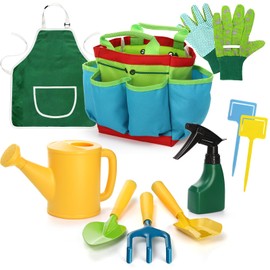 Cididu 9PCS Kids Garden Tools Set,Boys Girls Gardening Kit Tools Including Watering Can, Spray Bottle, Tote Bag, Apron, Trowel, Rake, Outdoor Garden Toy Gift for Beach