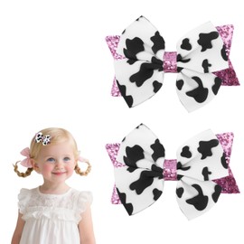 2pcs Moo Cow Print Hair Bows, Cute Large Hair Bow Clips Pink Sequins Cow Print Clips Farm Animal Themed Accessories for Toddler Girls Women
