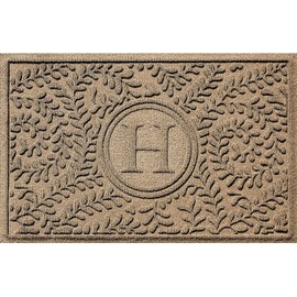 Bungalow Flooring Monogrammed Waterhog Door Mat, 2' x 3', Made in USA, Customizable Decorative Floor Covering, Skid Resistant, Indoor/Outdoor, Water-Trapping, Boxwood Collection, Khaki/Camel