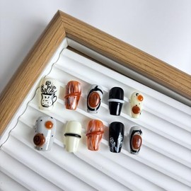 Yabonica 3D Hand painted Press On Nails Short Square 10Pcs Reusable Pre Designed Press On Nails- Luxury Glue On Nail with Cute Salon Design,Acrylic Stick On Nails for Women Girls Gift (081, M)