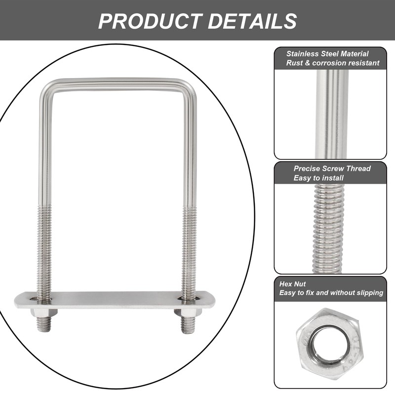 LifCratms 4 Sets 304 Stainless Steel Square U-Bolts, M6 x