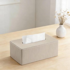 Cosmetic Tissue Box, Tissue Box Made of PU Leather with Magnetic Closure, Rectangular Tissue Box with Striped Design, Tissue Box, Beige Tissue Dispenser for Living Room, Office, Kitchen (25.3