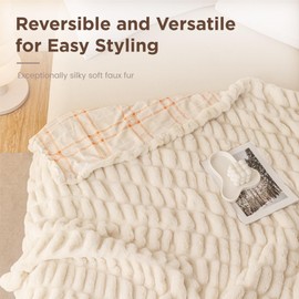 Sophia & William Ruched Faux Fur Throw Blanket Bed Blanket - Luxury Lightweight Plush Fuzzy Cozy Soft Blankets, Cream, 60" x 80"