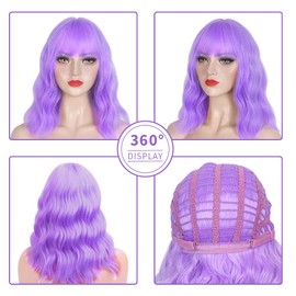 Pastel Purple Wig and Sunglasses Set - 15 Inch Wavy Wig With Bangs - Heat Resistant Bob Wig - Short Curly Wavy Wig - Shoulder Length Wigs for Women - Bachelorette Party Costume Cosplay Wigs