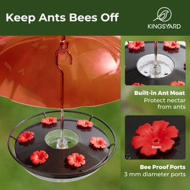 Kingsyard 12 oz Hummingbird Feeder with Rain Guard Dome, Leak-Proof Saucer Nectar Feeder for Outdoors Hanging, Built-in Ant Moat & 6 Bee-Proof Ports, Easy to Refill & Clean, Black
