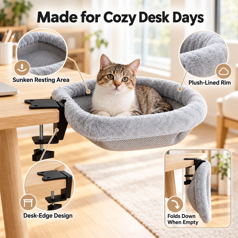 Cat Desk Bed for Indoor Cats – Folding Desk-Mounted Hammock