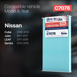 BNX TruFilter C7078 Filtro de aire de cabina, HEPA 99.97%, fabricado en Estados Unidos, compatible con Nissan: Sentra 2013-2019, Cube 2011-2017, Juke 2011-2017, Left 2011-2018 (paquete de 4)