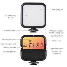 xinyee 5W Pocket Led Light Mini Video Lamp Bi-Color Photography Light with 3 Cold Shoe Mounts & 1/4in Screw Hole 62pcs Beads 3000K-7000K Color Temperature with Clip Adapter for Live Streaming Home S