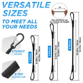 Mini Short Bungee Cords with Carabiner Hooks, SDTC Tech 8-Pack Black Extra Strong Bungee Straps 6", 8", 10" Heavy Duty Elastic Tie Downs Straps for Bike Rack, Kayak Boat (Total Length 10", 12", 14")