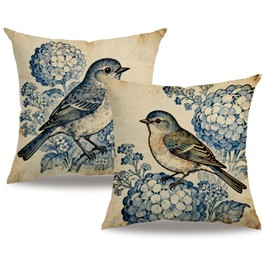 Vintage Blue Bird Pillow Covers 18x18 Inch Set of 2, Rustic Cottagecore Hydrangea Cushion Cases, Farmhouse Floral Bird Throw Pillow Covers for Sofa Bedroom Decor (Navy Blue)