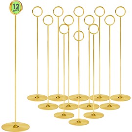 Soporte para tarjetas Gray Bunny Place de 12 pulgadas de alto, paquete de 12, dorado, soporte para cartulinas de mesa, soporte para números de arpa y clip para recetas, soporte para tarjetas, para
