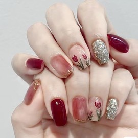 3D Handmade Press on Nails Short Square Shapes 24Pcs Glossy Full Cover Artificial Fake Nails, Press on Fake Nails Kit, Reusable Luxury jelly glue Stick On Nails, (type-6)