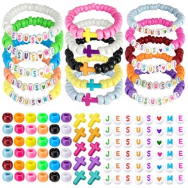 Juthfer 60 Sets Jesus Love Me DIY Bracelet Kit Faith Inspired Craft Religious Bracelet Beads for Spiritual Bible Verse Gifts​ (Jesus Love Me, White Colorful)