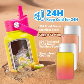 Insulated Water Bottle with Lid & Boot & Stickers, 32 oz Stainless Steel Sweat Free Bottle Keep Cold 24H, BPA-Free Sports Wide Mouth Water Bottle, YellowRed