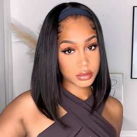 AISI QUEENS Headband Wig Human Hair For Black Women Bob Wigs Glueless Human Hair Short Bob Headband Wigs (12 Inch, Bob Headband Wigs)