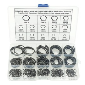 MCMASKE 300PCS Metric 7mm to 30mm Round Wire C-Clips Internal Snap Rings Assortment Kit;Round Wire Snap Rings For Hole(Black-Finish Steel)