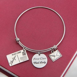 bobauna Mail Carrier Adjustable Wire Bangle Bracelet with Postcard Letter Charms Thank You Gift for Postal Worker (Mail Lady Bracelet)