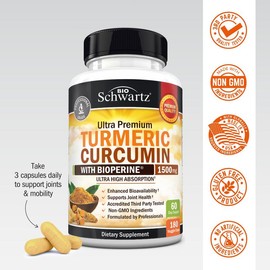 BioSchwartz Ultra Premium Turmeric Curcumin 1500mg, 95% Curcuminoids & BioPerine, High Absorption Joint Support Supplement, 180 Non-GMO Capsules