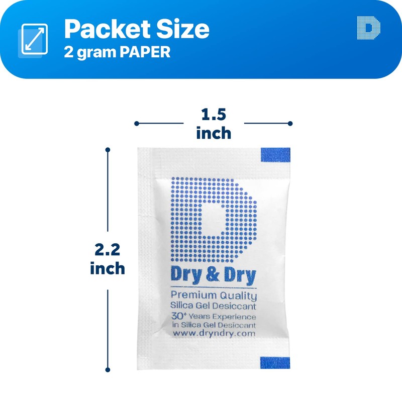 2gm Pack of 100 "Dry&Dry" Silica Gel Packets Desiccant Dehumidifier