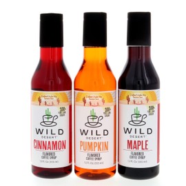 Wild Desert Gourmet Coffee Syrup Sampler Gift Set in Box 3 Pack BPA-Free Plastic 12 oz. Bottles with Pour Top - Cinnamon, Pumpkin, Maple Made with Non-GMO 100% Pure Cane Sugar