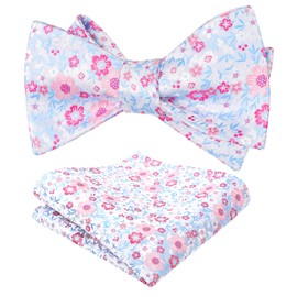 Alizeal Mens Self Tied Floral Classic Bow Tie and Pocket Square Colorful Wedding Party Bow Tie and Handkerchief Set, Light Blue+Pink