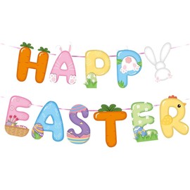 Girlande Ostern Happy Easter Ostergirlande Easter Decoration Ostern Deko Girlande Bunt Partygirlanden Papiergirlande Hasen, Bunte Eier, Küken, Karotten Party Banner
