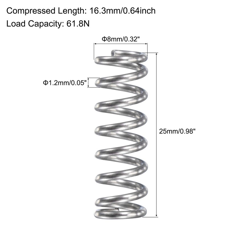 sourcing map Compression Spring,304 Stainless Steel,8mm OD,1.2mm Wire Size,16.3mm Compressed