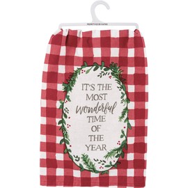 Primitives by Kathy Decorative Kitchen Towel - Most Wonderful Time of The Year Sentiment Inside a Wreath of Holiday Greenery