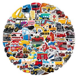 100pcs Vehicle Stickers for Kids, Transportation Stickers with Construction Truck Digger Engineering Car Train Motorbike Fire Truck Crane Airplane, Waterproof Vinyl Stickers for Water Bottle Scrapbook