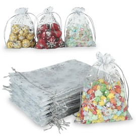 Jedebartey Organza Gift Bag 5.2 x 7 inch, 20 PCS Silver Foil Patterns Drawstring Pouch, White Medium Mesh Favor Bags for Jewellery Wedding Birthday Party