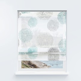Yujiao Mao Voile Roman Blind, No Drilling, with Circles Print Design, Eyelet Roller Blind with Hook Hanging, Transparent Curtain, Blue, W x H 120 x 140 cm, 1 Piece