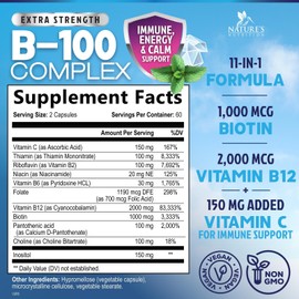 Nature's Nutrition Vitamin B Complex Capsules with Vitamins B6 B12 B100 C Biotin Folate & Folic Acid - Supplement for Heart, Brain, & Nerve Support - Super Complete B-Complex for Immune & Energy Support - 120 Capsules